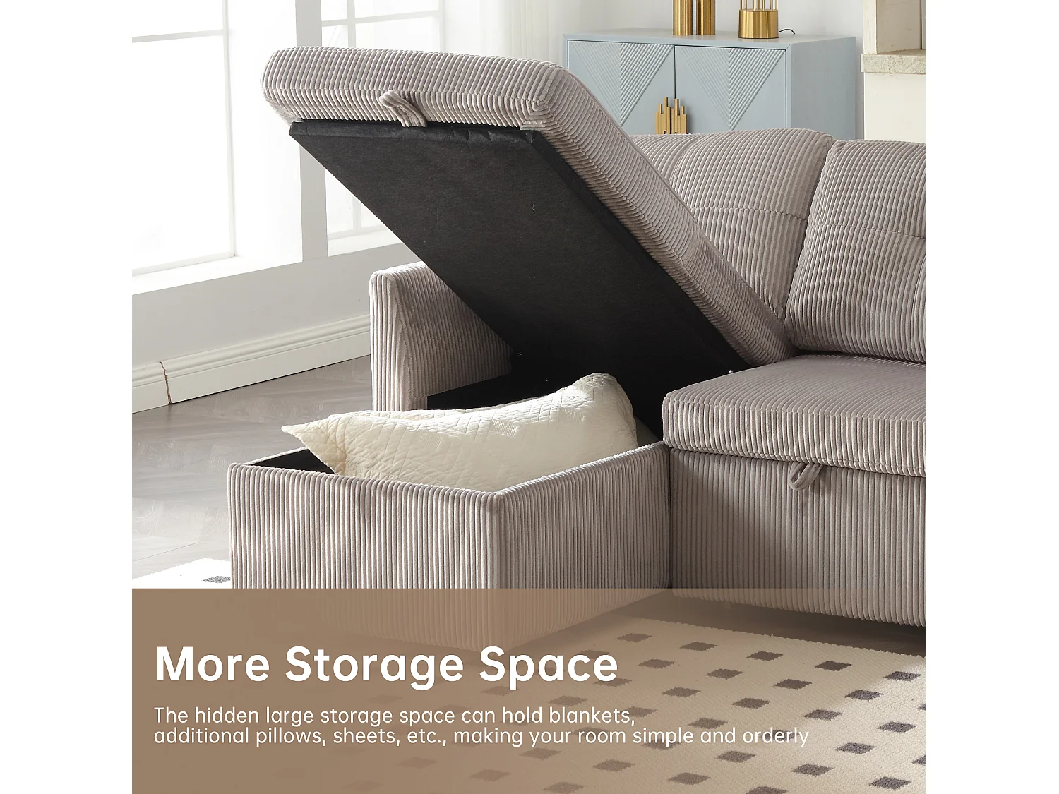 Allurex 1.0 - Canapé 3 Places d'Angle Convertible avec Rangement en Velours Gris  Rayé -  avec 2 Oreiller - 206x130x66-88cm