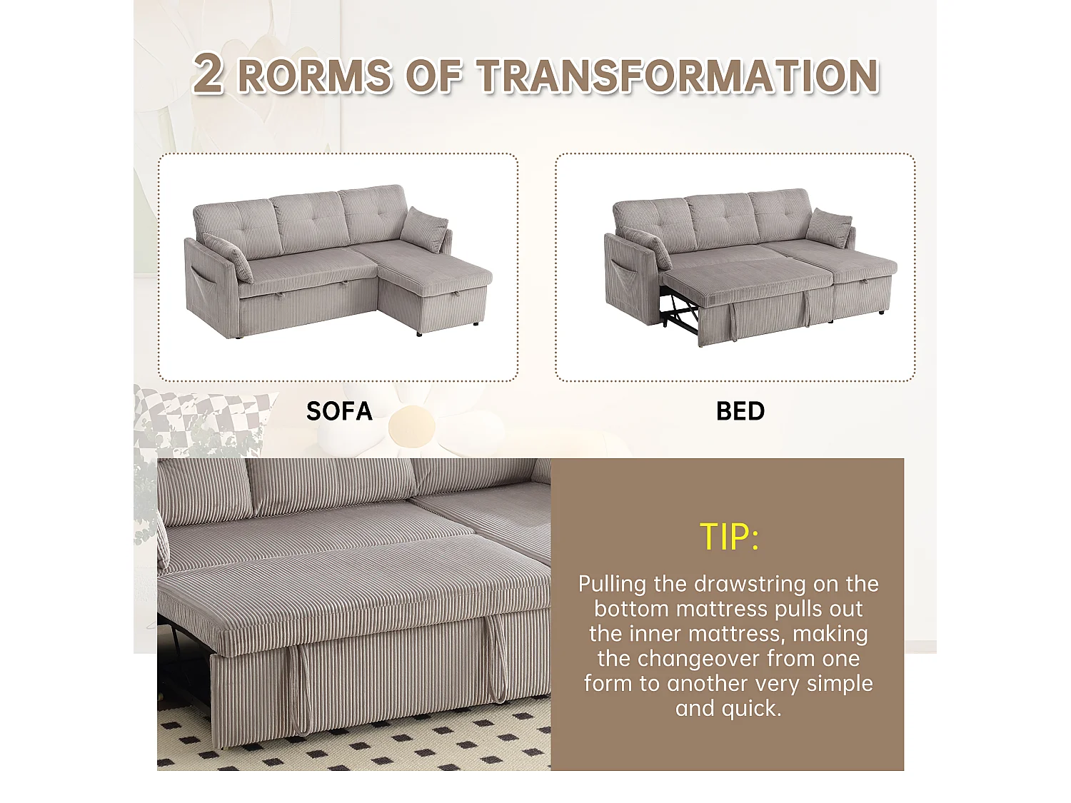 Allurex 1.0 - Canapé 3 Places d'Angle Convertible avec Rangement en Velours Gris  Rayé -  avec 2 Oreiller - 206x130x66-88cm