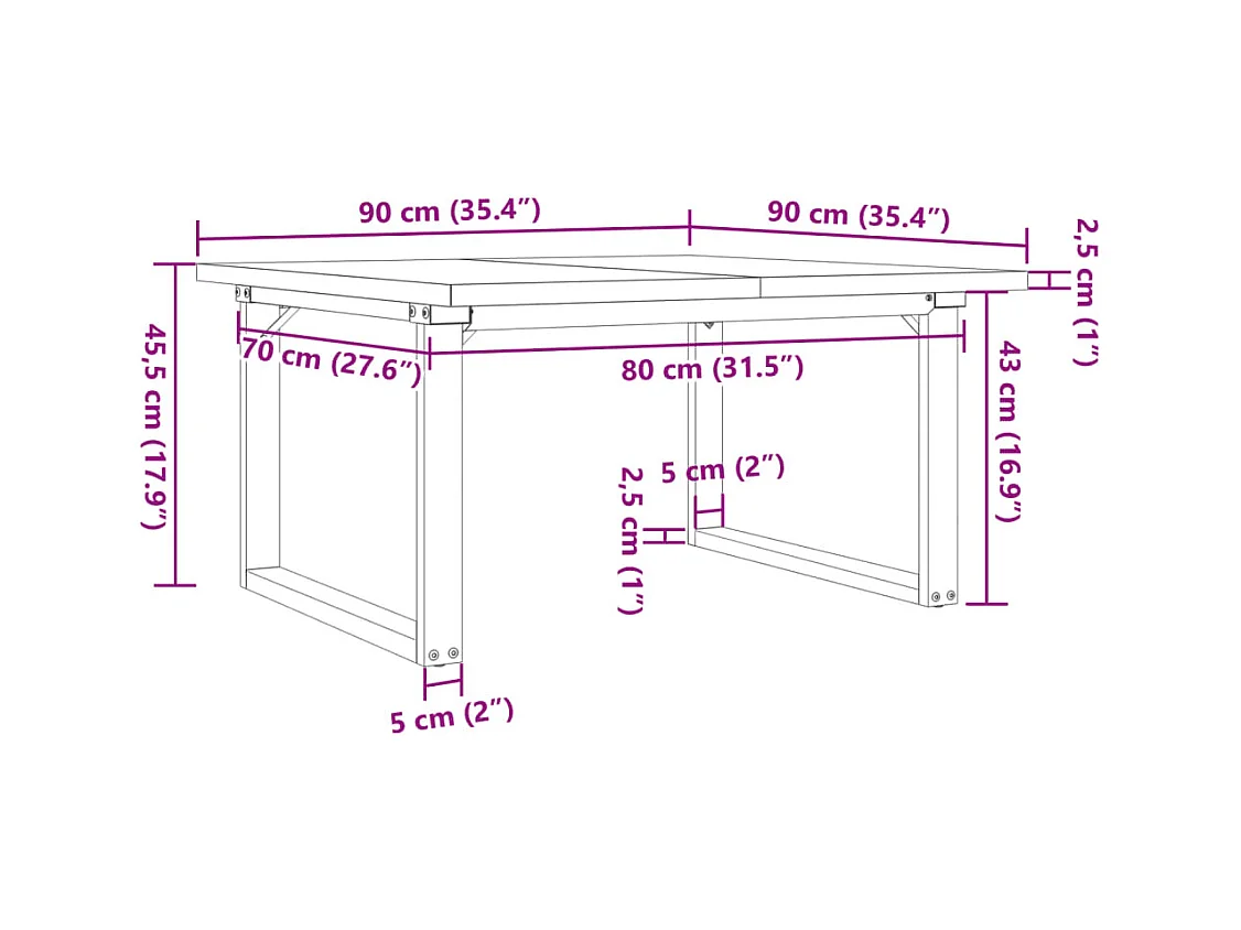 Table basse cadre en O 90x90x45,5cm bois de pin massif et acier