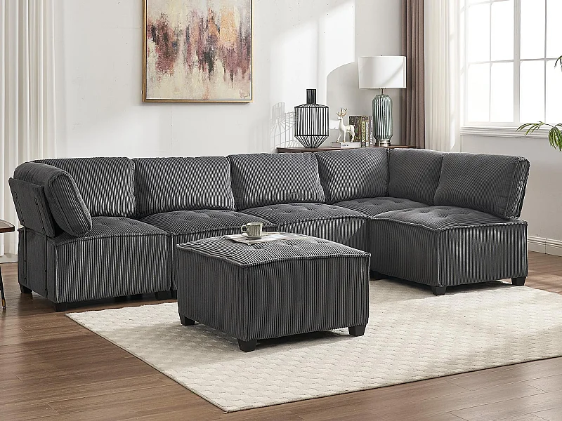 Canapé d'Angle Modulable 6 Places en Velours Gris - Modulable à Volonté - Design contemporain