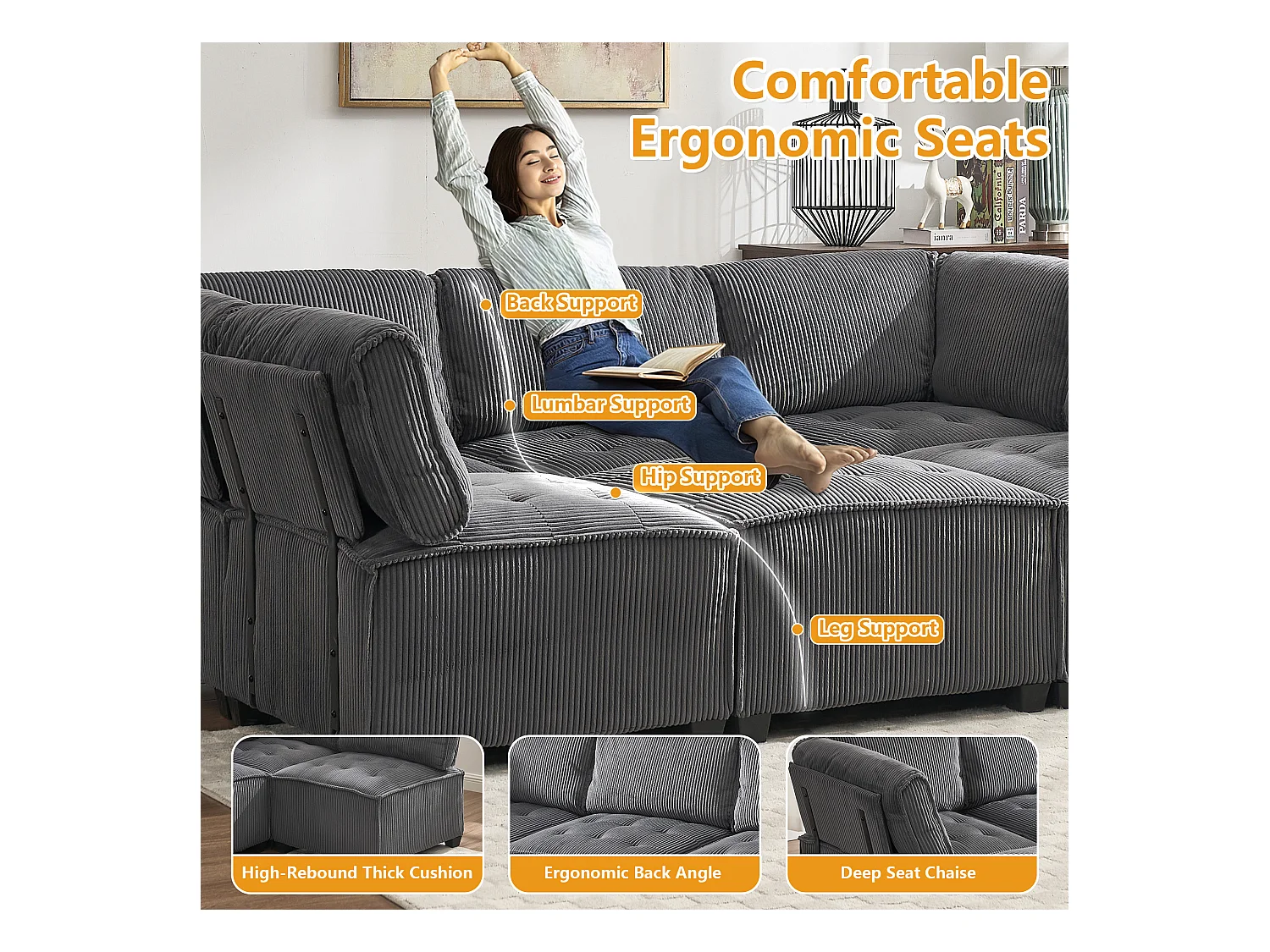 Canapé d'Angle Modulable 6 Places en Velours Gris - Modulable à Volonté - Design contemporain