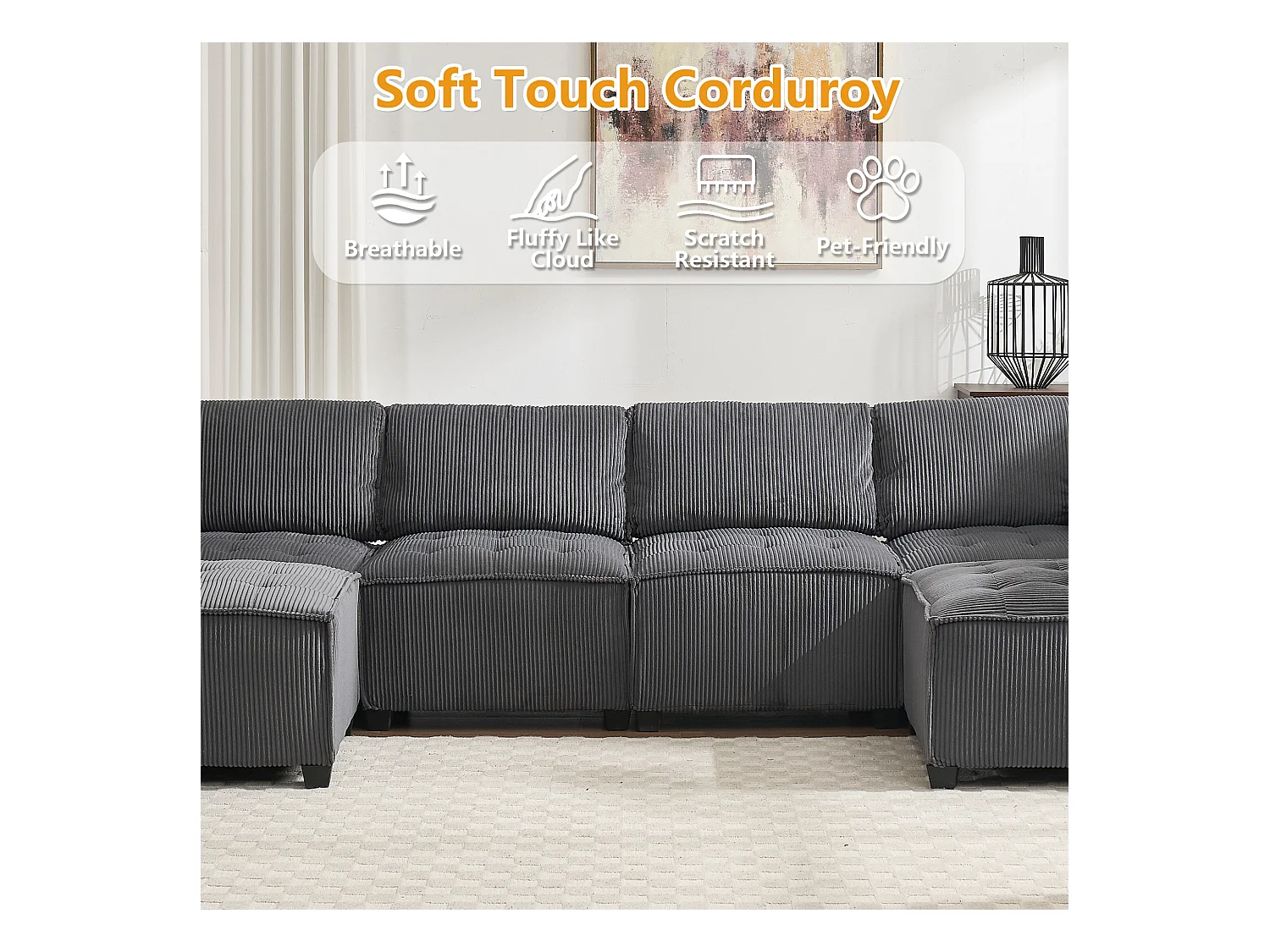 Canapé d'Angle Modulable 6 Places en Velours Gris - Modulable à Volonté - Design contemporain