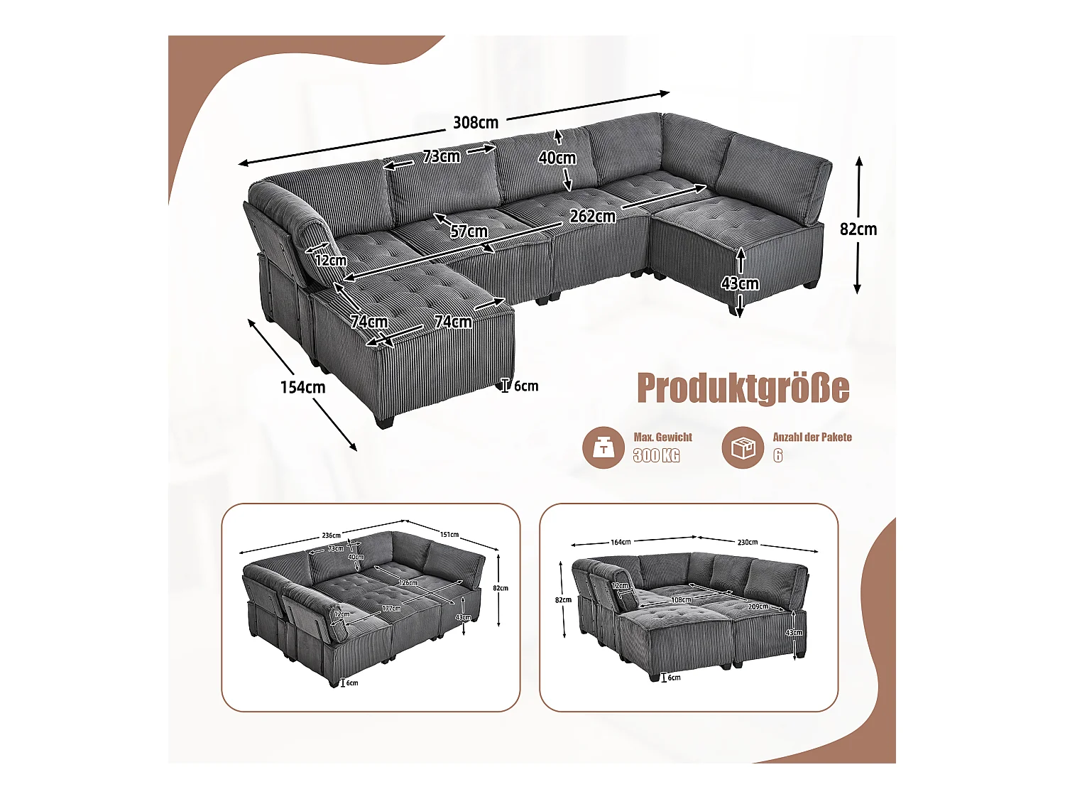 Canapé d'Angle Modulable 6 Places en Velours Gris - Modulable à Volonté - Design contemporain