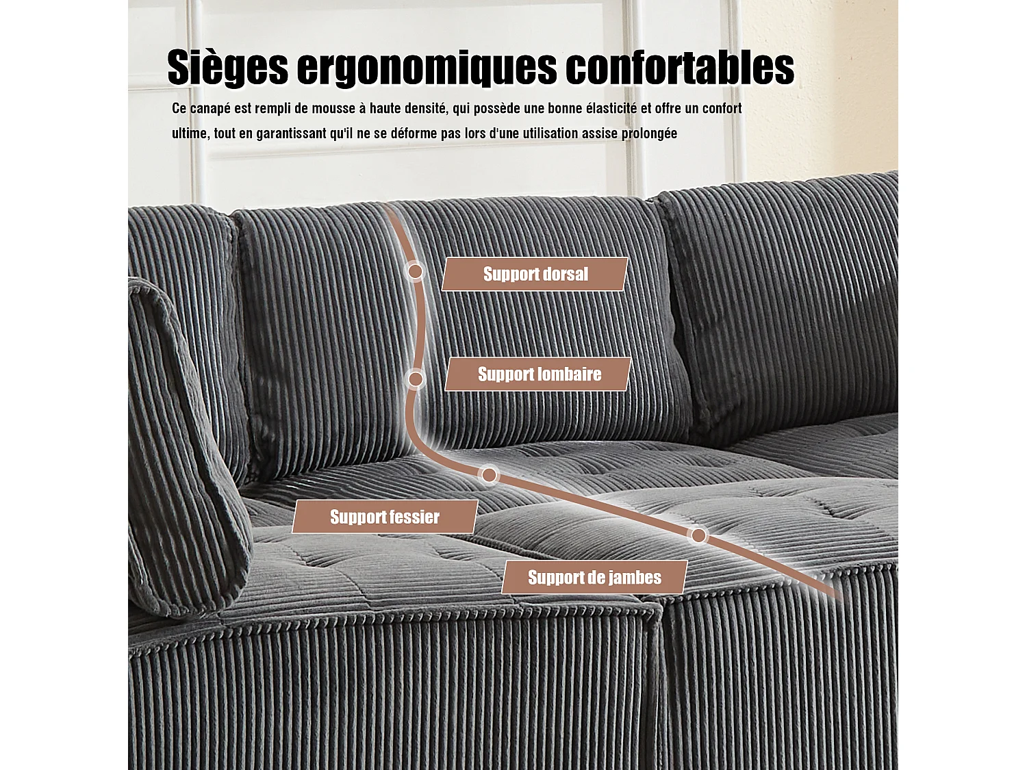 Canapé d'Angle Modulable 6 Places en Velours Gris - Modulable à Volonté - Design contemporain