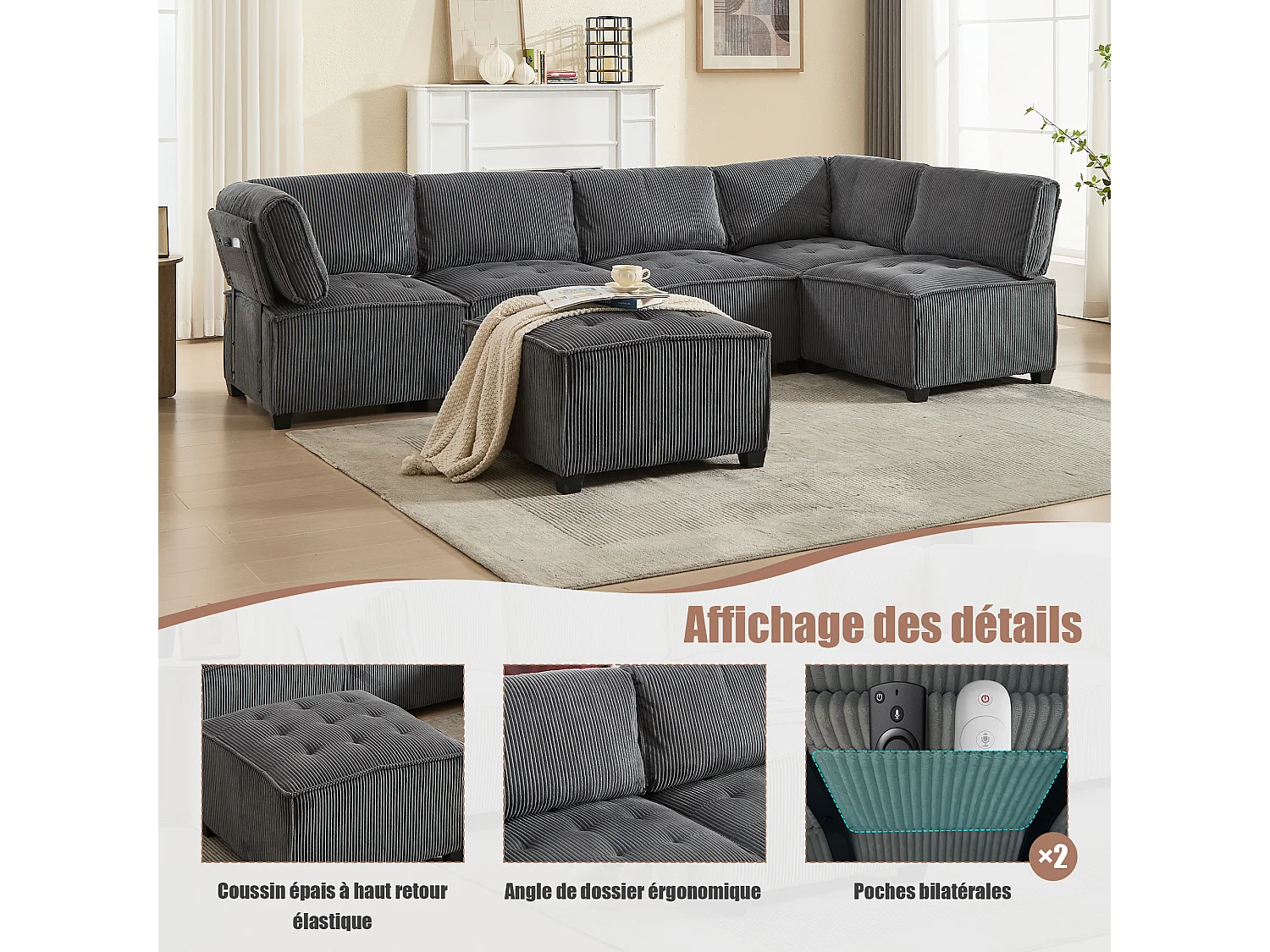 Canapé d'Angle Modulable 6 Places en Velours Gris - Modulable à Volonté - Design contemporain
