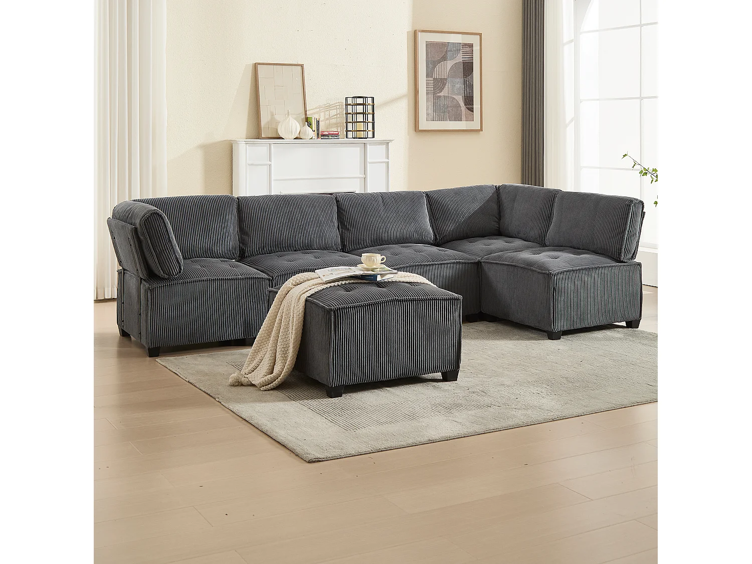 Canapé d'Angle Modulable 6 Places en Velours Gris - Modulable à Volonté - Design contemporain