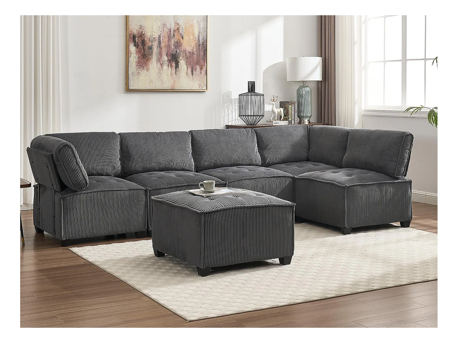 Canapé d'Angle Modulable 6 Places en Velours Gris - Modulable à Volonté - Design contemporain
