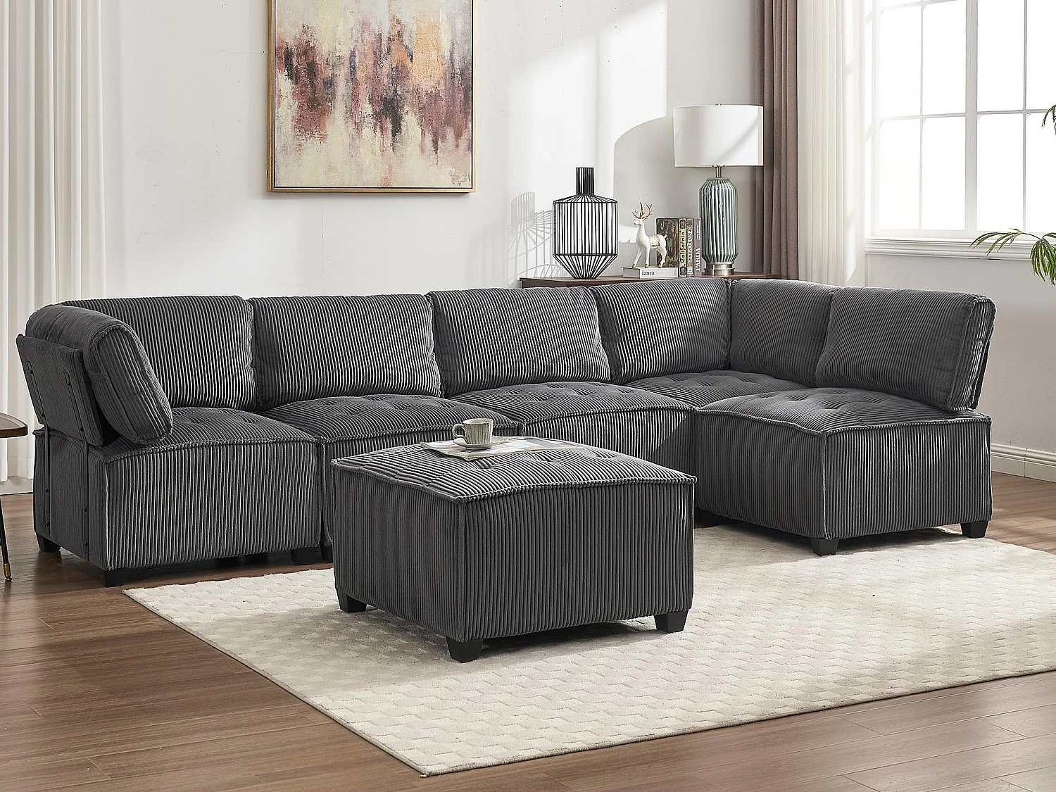 Modulaire U-vormige bank (308 x 82 x 154 cm) – 6-zits slaapbank – Corduroy stof – Schuimstructuur