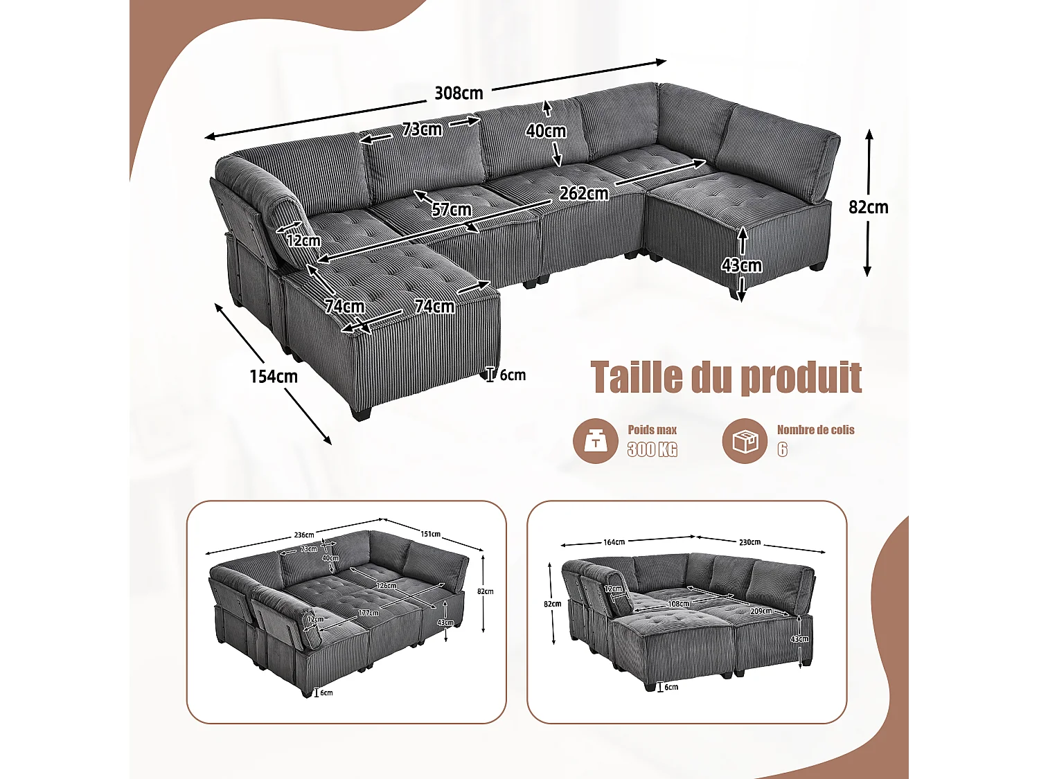 Modulaire U-vormige bank (308 x 82 x 154 cm) – 6-zits slaapbank – Corduroy stof – Schuimstructuur