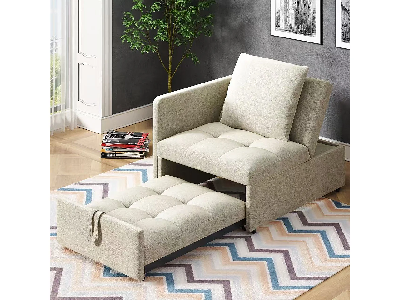 Sofá-cama acolchado 177x68x65 cm - Sofá-cama multifuncional 3 en 1 - Lino - Respaldo ajustable - Beige