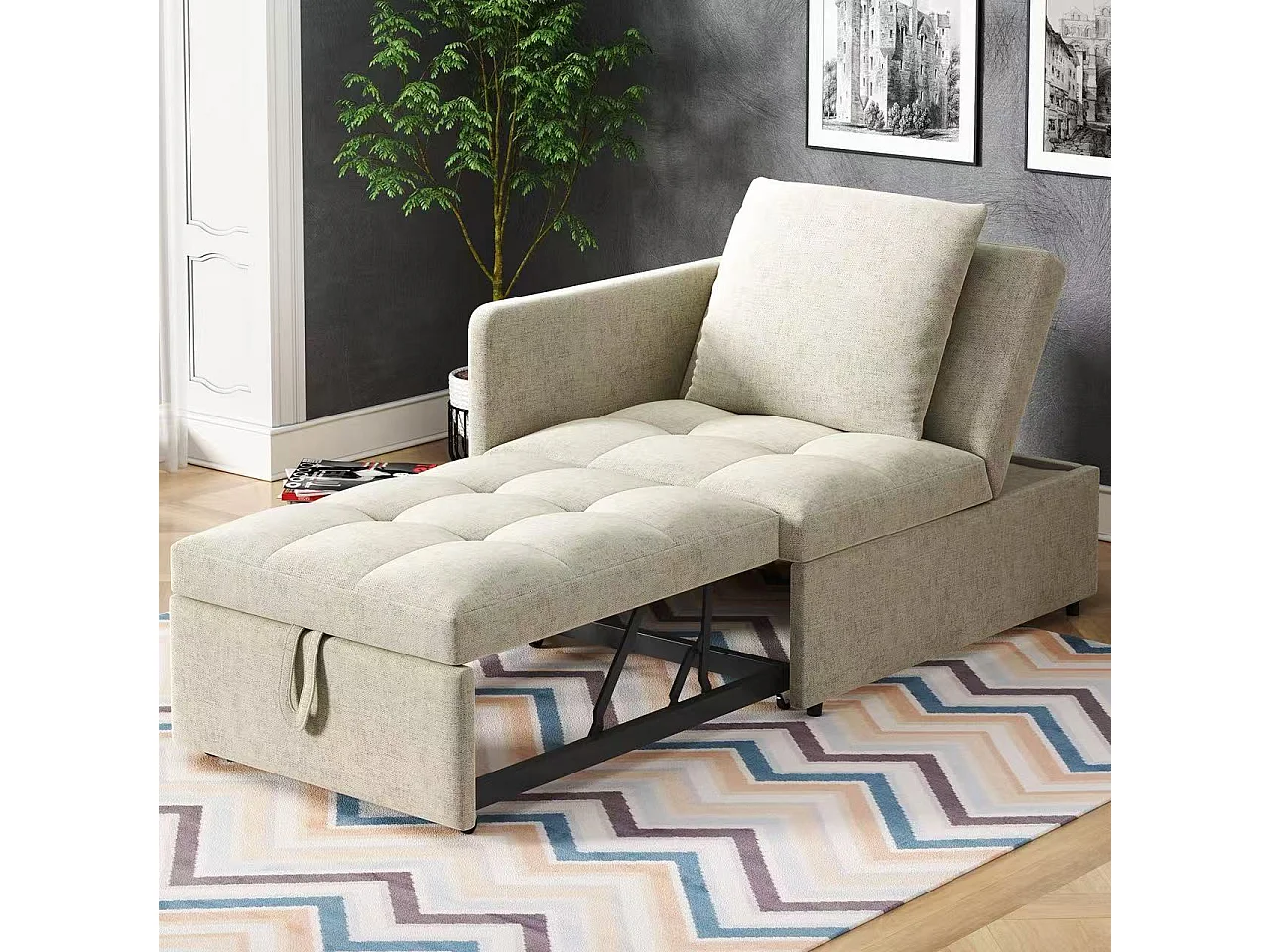 Sofá-cama acolchado 177x68x65 cm - Sofá-cama multifuncional 3 en 1 - Lino - Respaldo ajustable - Beige