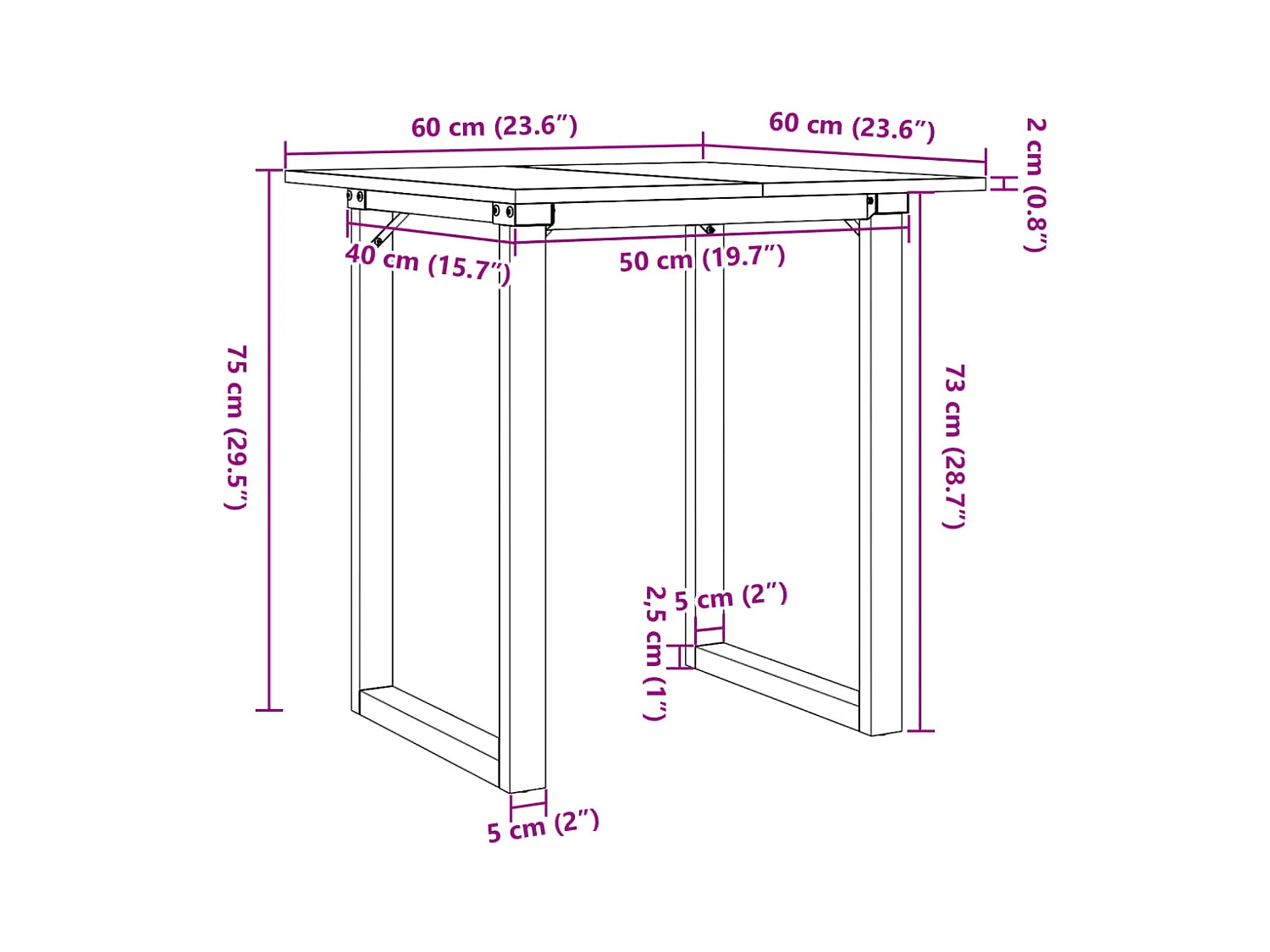 Table à manger cadre en O 60x60x75 cm bois de pin massif acier