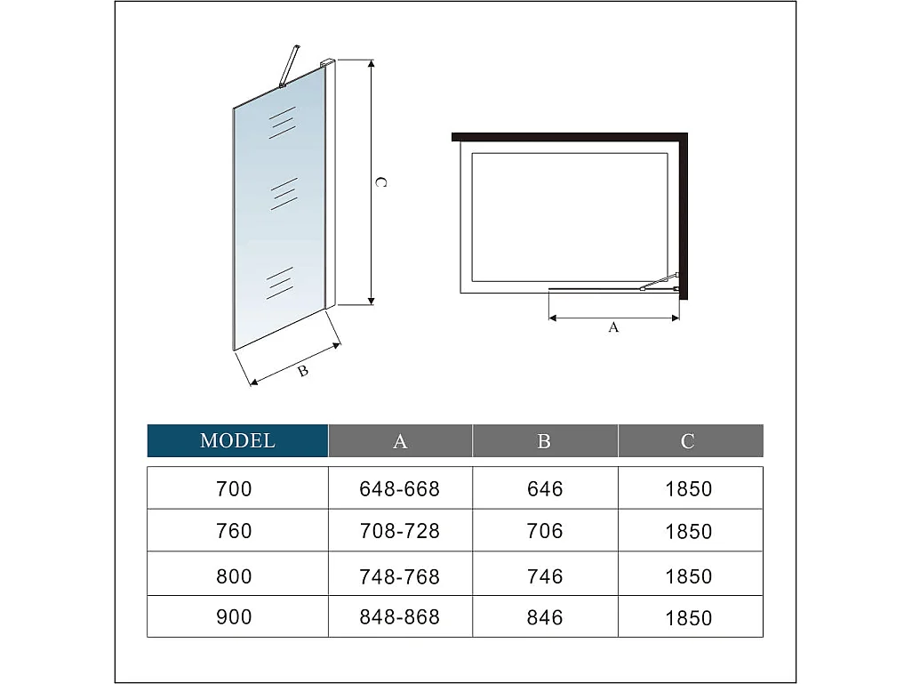 90x185 cm Sicherheitsglas walkin Duschtür Dsuche Duschabtrennung  700-1200mm Stützstange Schwarz