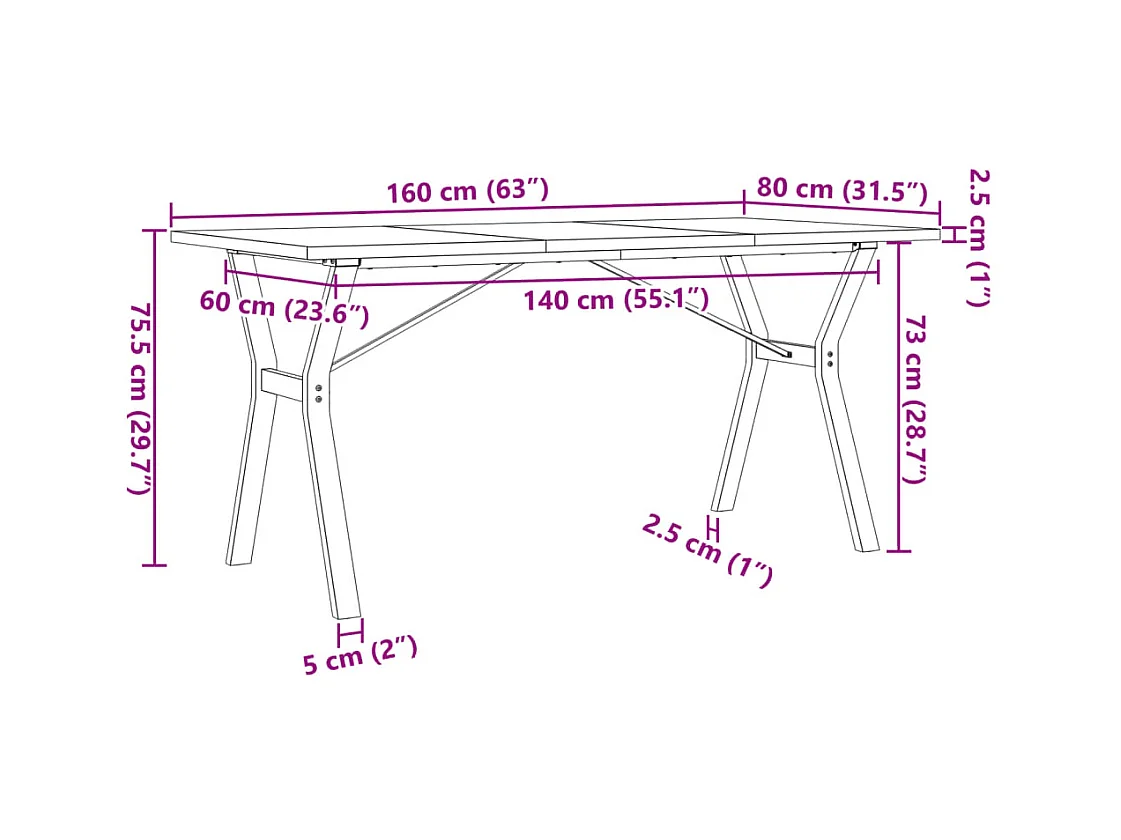 Table à manger cadre en Y 160x80x75,5 cm bois pin massif acier
