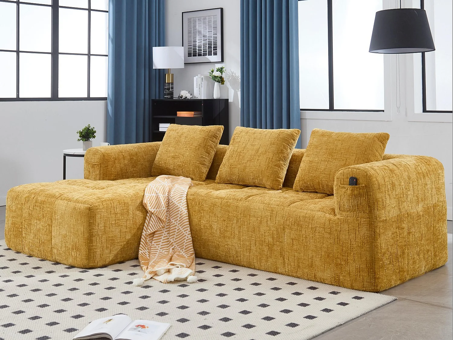 Canapé d'Angle 3 Places en Chenille Jaune avec 3 Dossiers Amovibles  avec Poche de Rangement - Confort Modulable