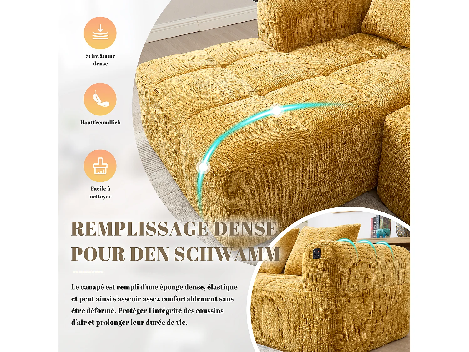 Canapé d'Angle 3 Places en Chenille Jaune avec 3 Dossiers Amovibles  avec Poche de Rangement - Confort Modulable