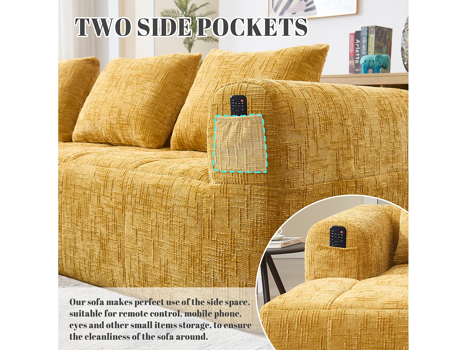 Canapé d'Angle 3 Places en Chenille Jaune avec 3 Dossiers Amovibles  avec Poche de Rangement - Confort Modulable