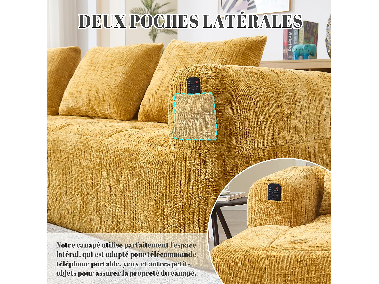 Canapé d'Angle 3 Places en Chenille Jaune avec 3 Dossiers Amovibles  avec Poche de Rangement - Confort Modulable