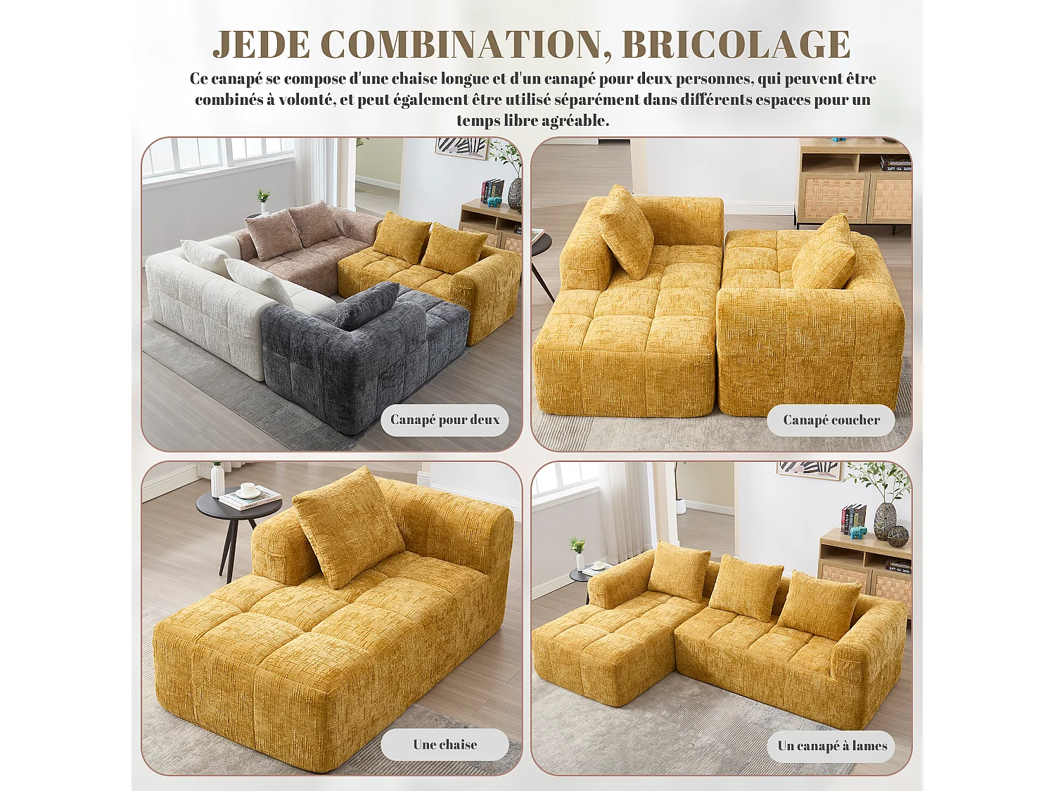 Canapé d'Angle 3 Places en Chenille Jaune avec 3 Dossiers Amovibles  avec Poche de Rangement - Confort Modulable