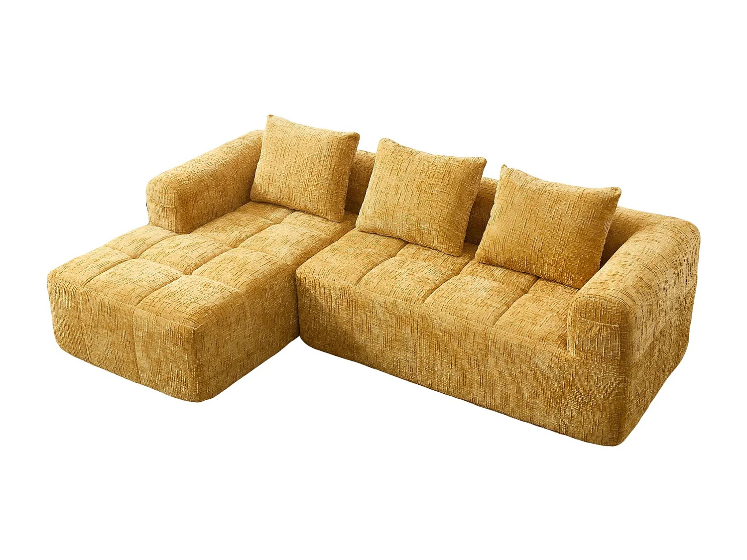 Canapé d'Angle 3 Places en Chenille Jaune avec 3 Dossiers Amovibles  avec Poche de Rangement - Confort Modulable
