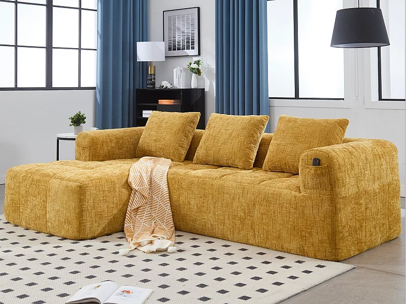 Canapé d'Angle 3 Places en Chenille Jaune avec 3 Dossiers Amovibles  avec Poche de Rangement - Confort Modulable