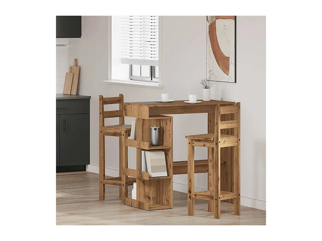 Table de bar avec étagère de rangement chêne artisanal