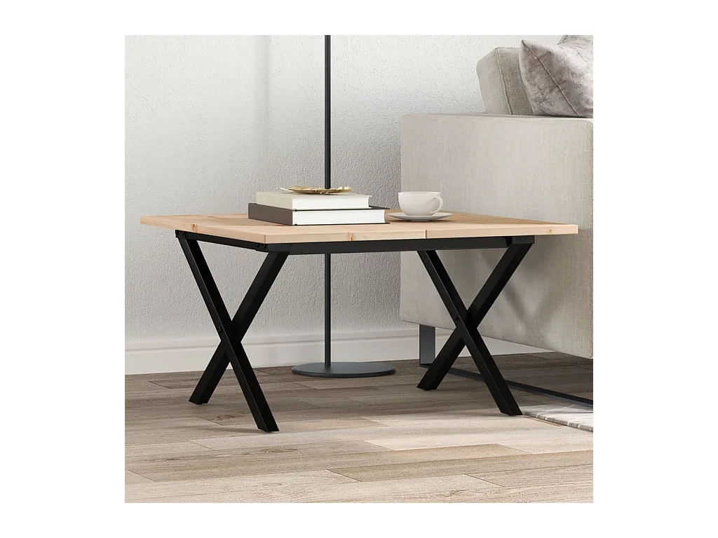 Table basse cadre en X 60x60x40 cm bois de pin massif et acier