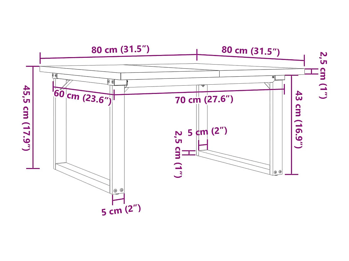 Table basse cadre en O 80x80x45,5cm bois de pin massif et acier