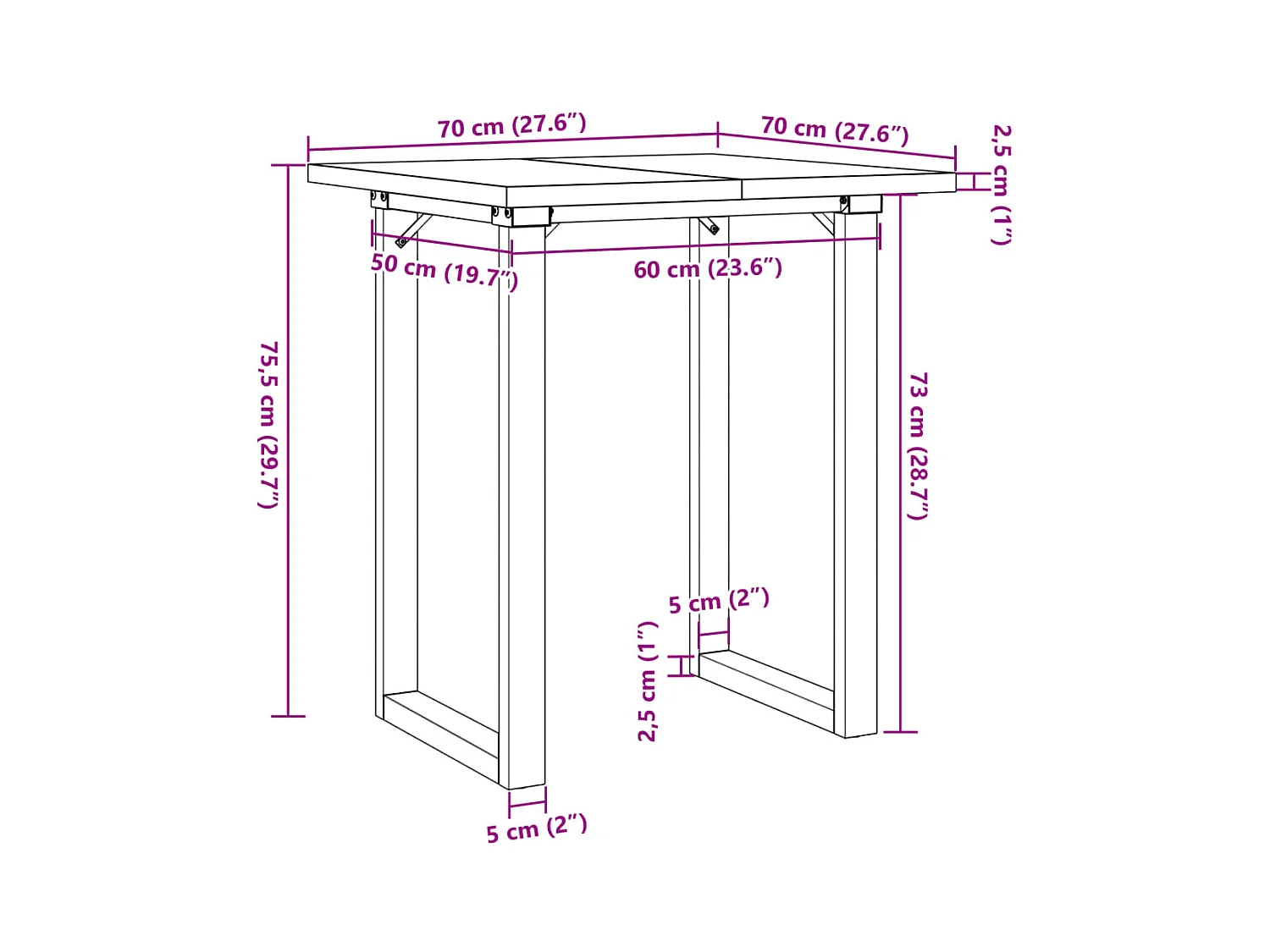 Table à manger cadre en O 70x70x75,5cm bois de pin massif acier