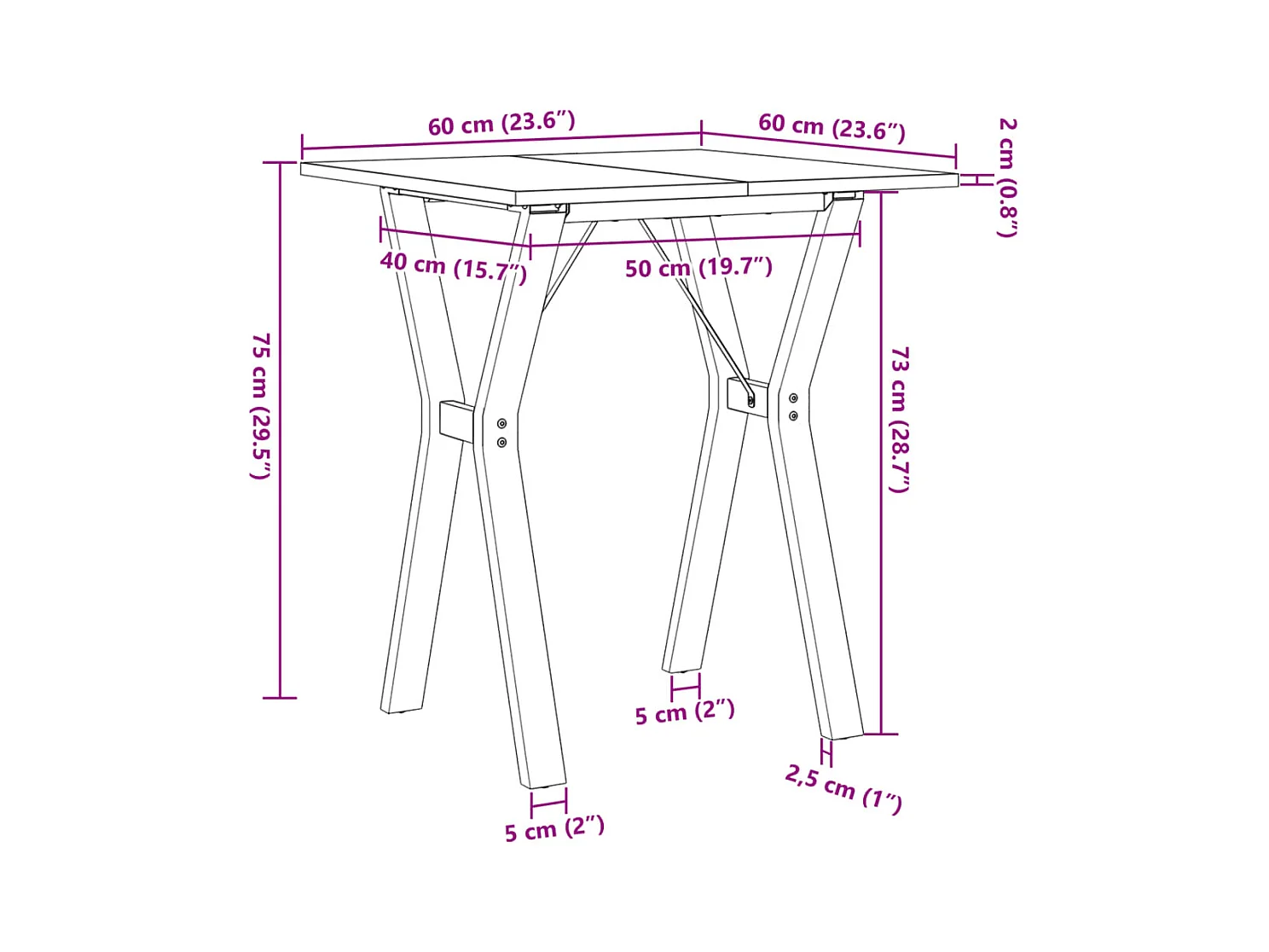 Table à manger cadre en Y 60x60x75 cm bois de pin massif acier
