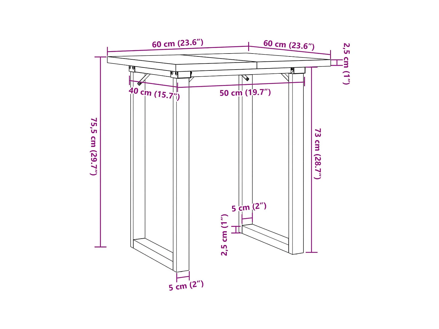 Table à manger cadre en O 60x60x75,5cm bois de pin massif acier
