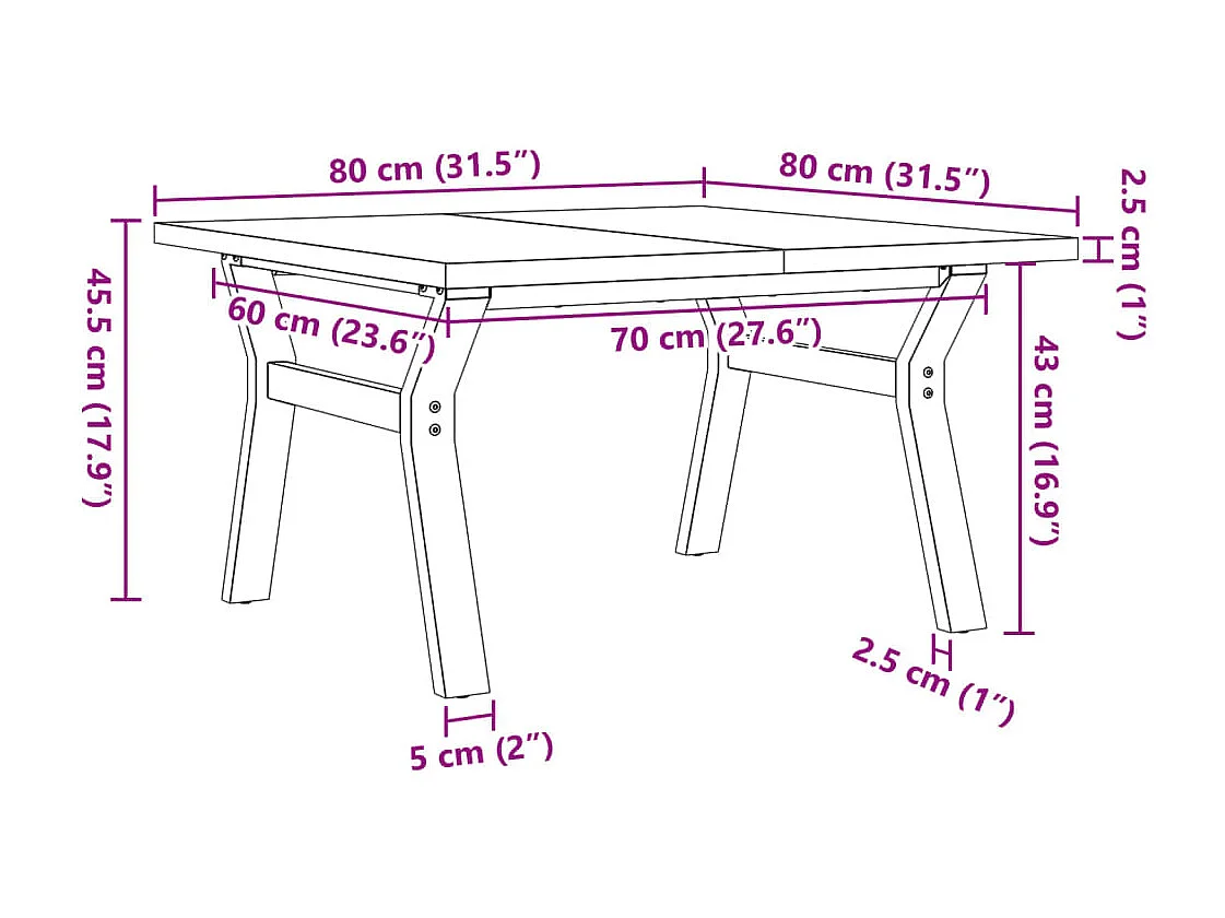 Table basse cadre en Y 80x80x45,5cm bois de pin massif et acier