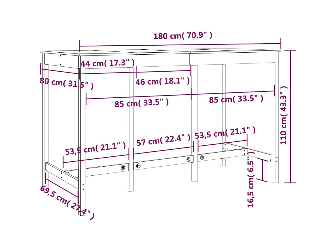 Table de bar Blanc 180x80x110 cm Bois massif de pin