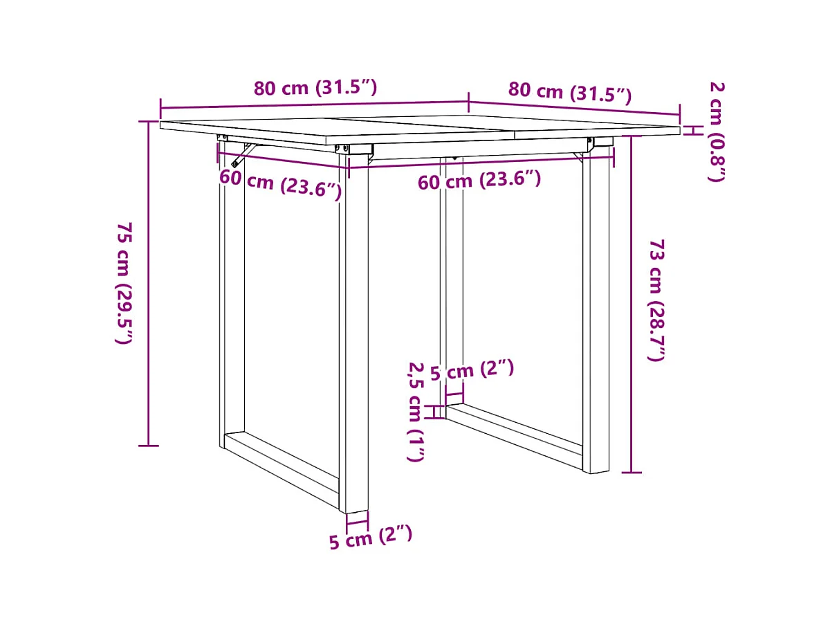 Table à manger cadre en O 80x80x75 cm bois de pin massif acier