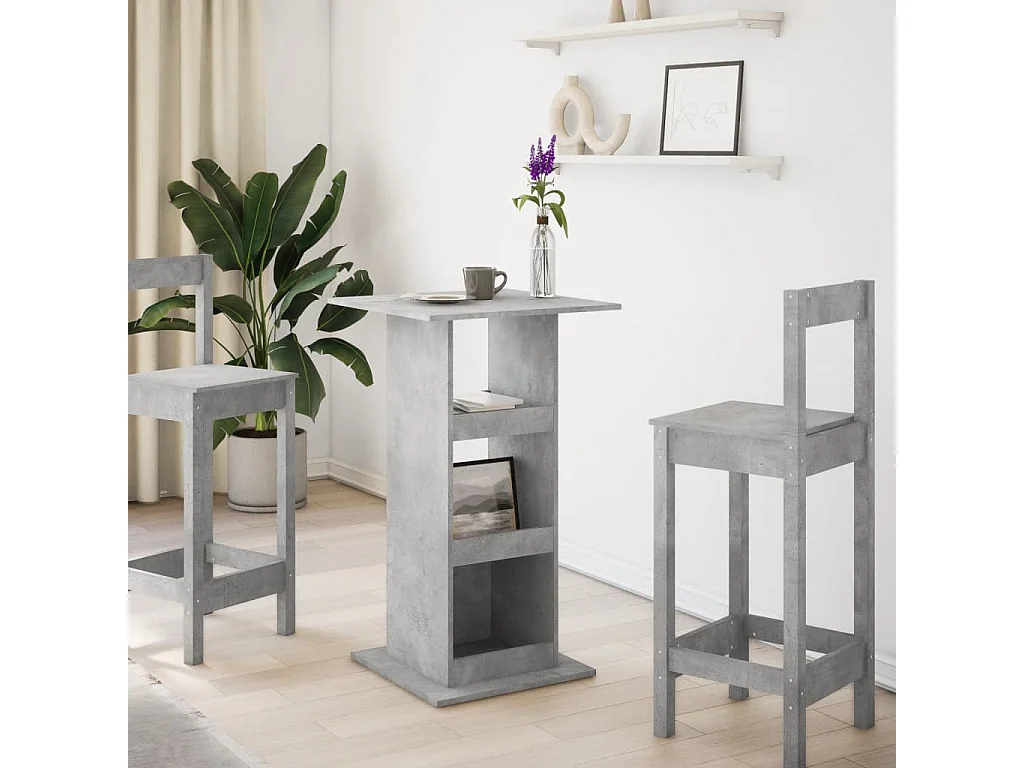 Mesa de bar de madera de ingeniería de color gris hormigón con almacenamiento