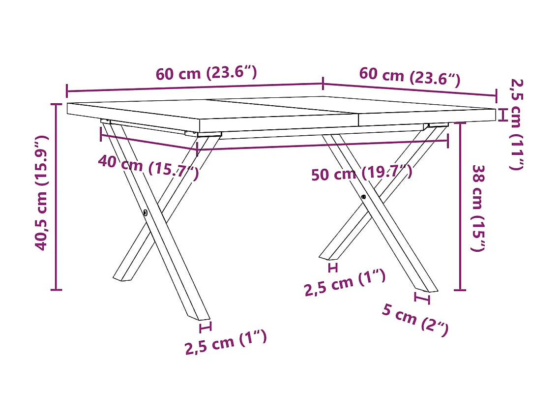 Mesa de centro con estructura en X 60x60x40,5cm madera maciza de pino y acero