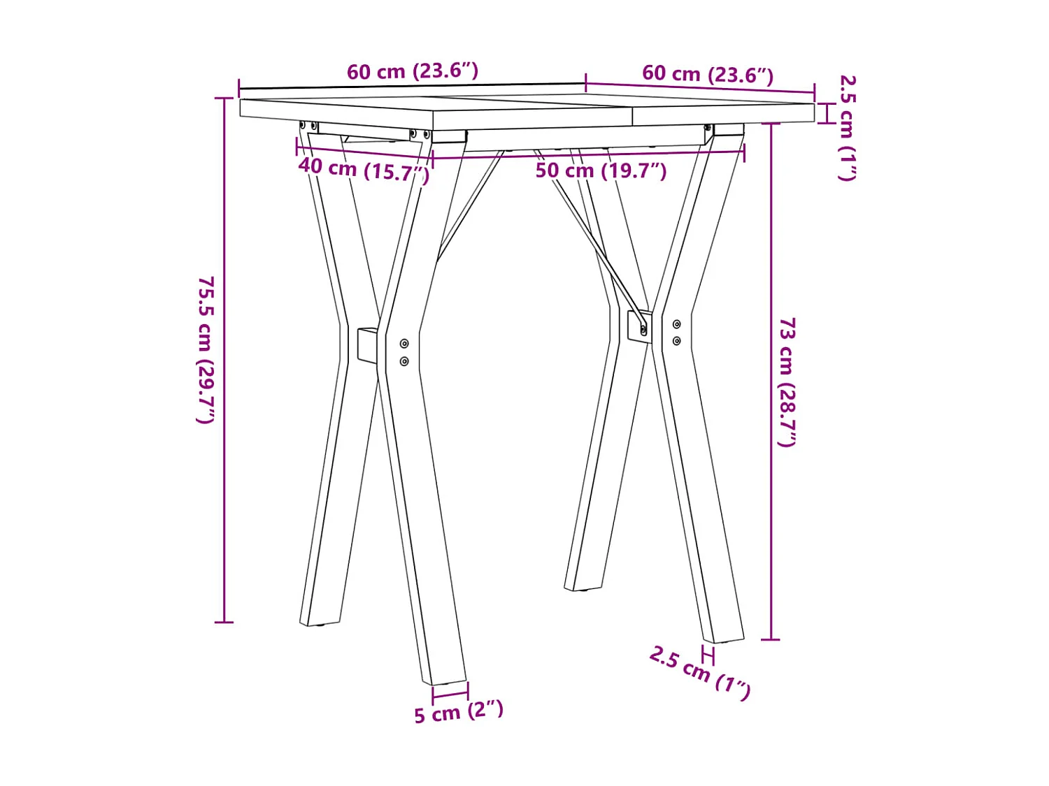 Table à manger cadre en Y 60x60x75,5cm bois de pin massif acier