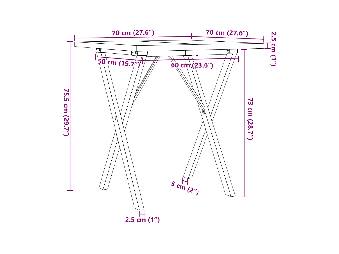 Table à manger cadre en X 70x70x75,5cm bois de pin massif acier