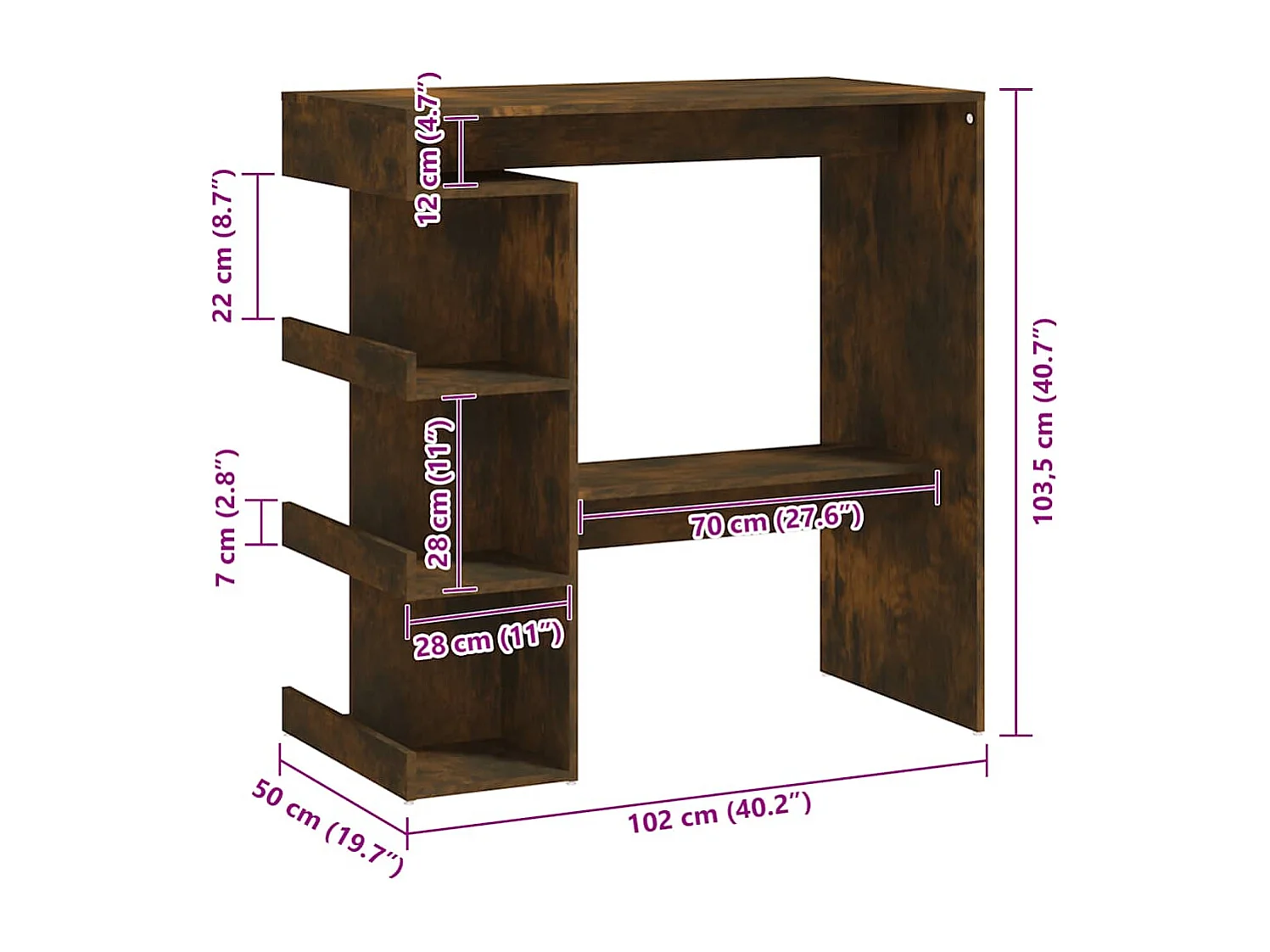 Mesa de bar y estante de almacenamiento de madera de ingeniería de roble ahumado