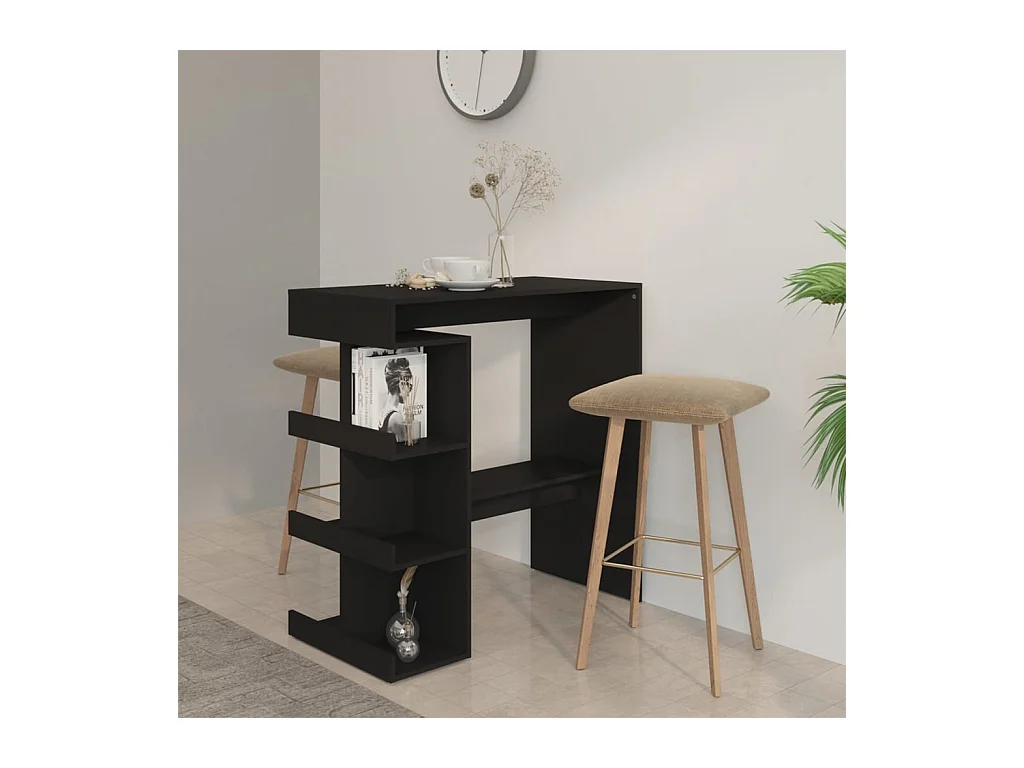 Table de bar avec étagère de rangement Noir Bois d'ingénierie