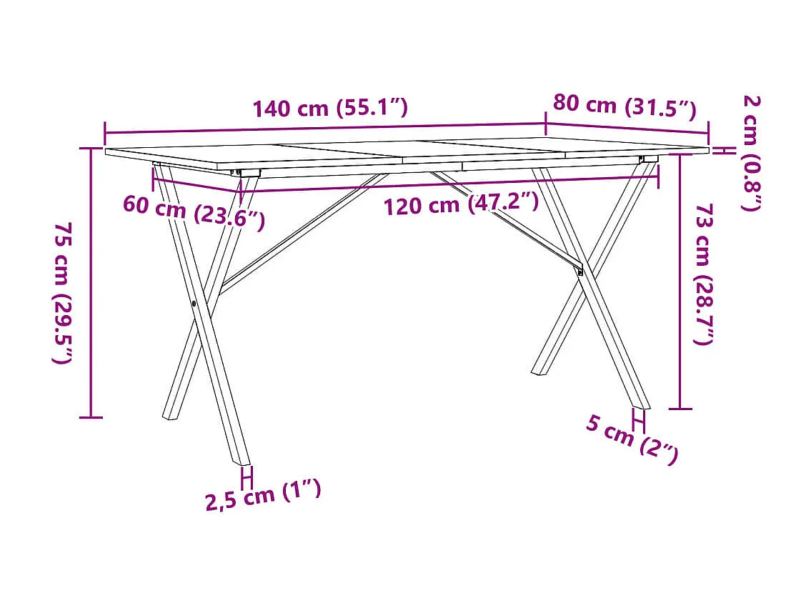 Mesa de comedor con estructura en X 140x80x75 cm madera maciza de pino acero