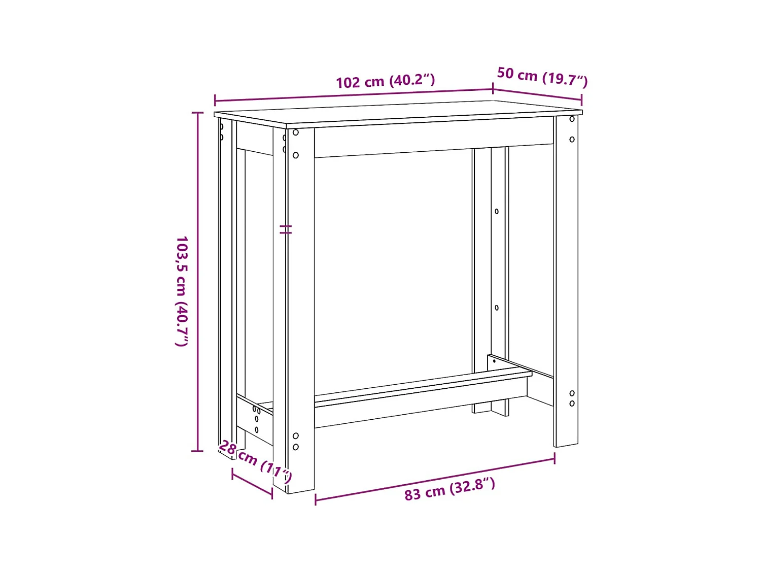 Table de bar chêne artisanal 102x50x103,5 cm bois d'ingénierie