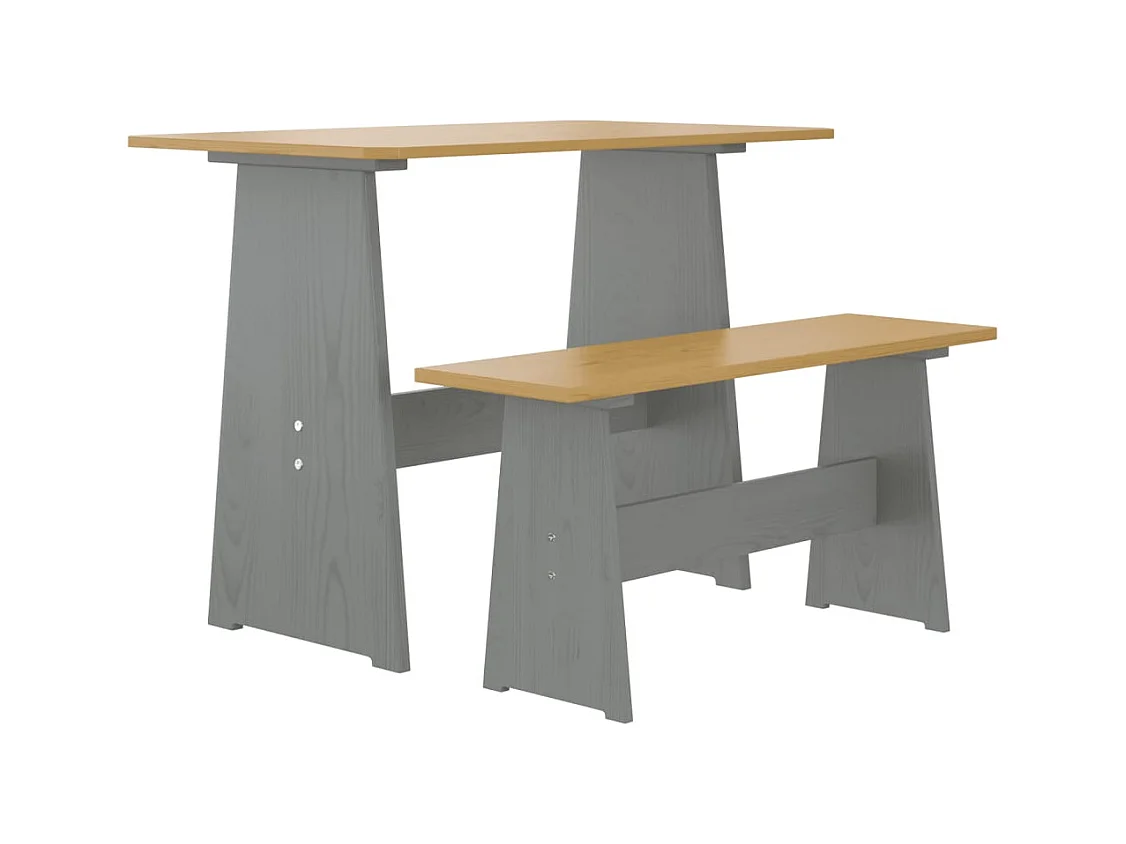 Table à manger et banc REINE marron miel gris bois pin solide