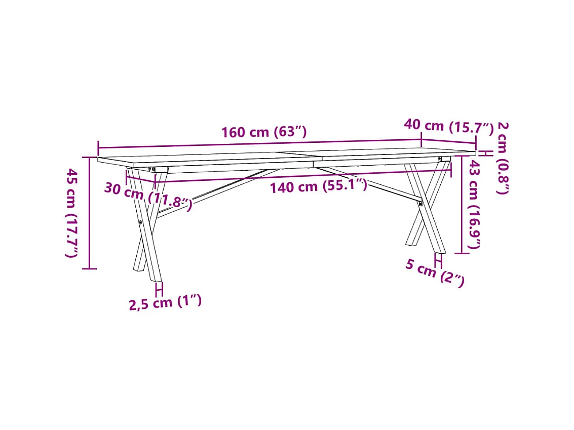 Table basse cadre en X 160x40x45 cm bois de pin massif et acier
