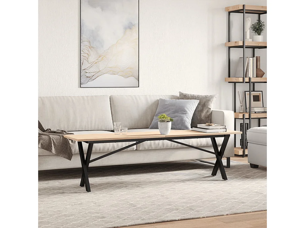 Mesa de centro con estructura en X 160x40x45 cm madera maciza de pino y acero