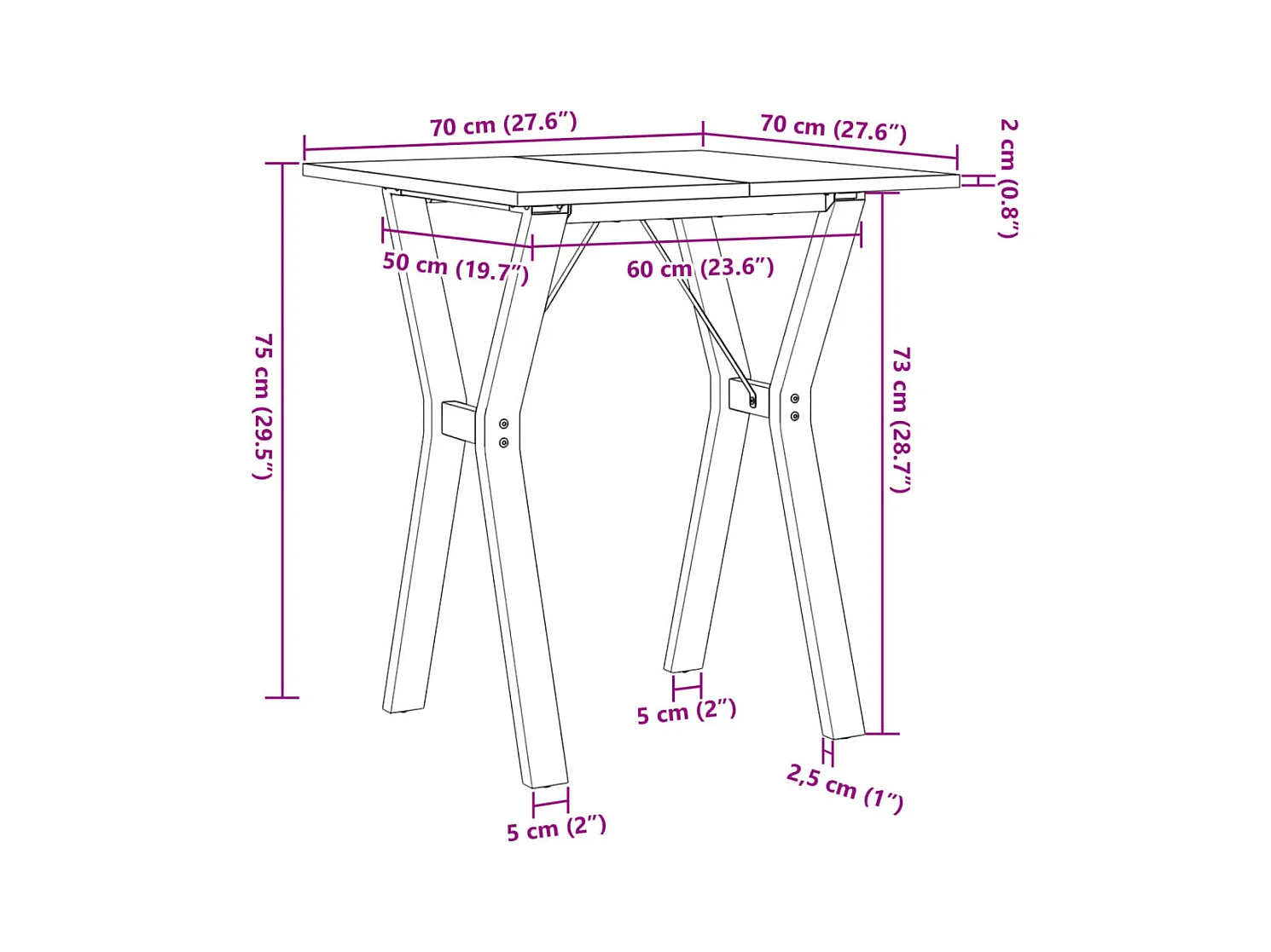 Table à manger cadre en Y 70x70x75 cm bois de pin massif acier