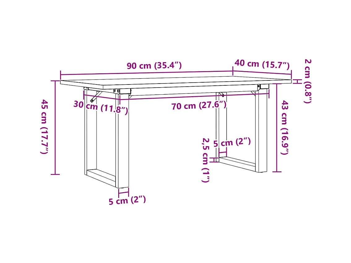 Table basse cadre en O 90x40x45 cm bois de pin massif et acier
