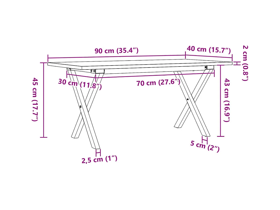 Table basse cadre en X 90x40x45 cm bois de pin massif et acier