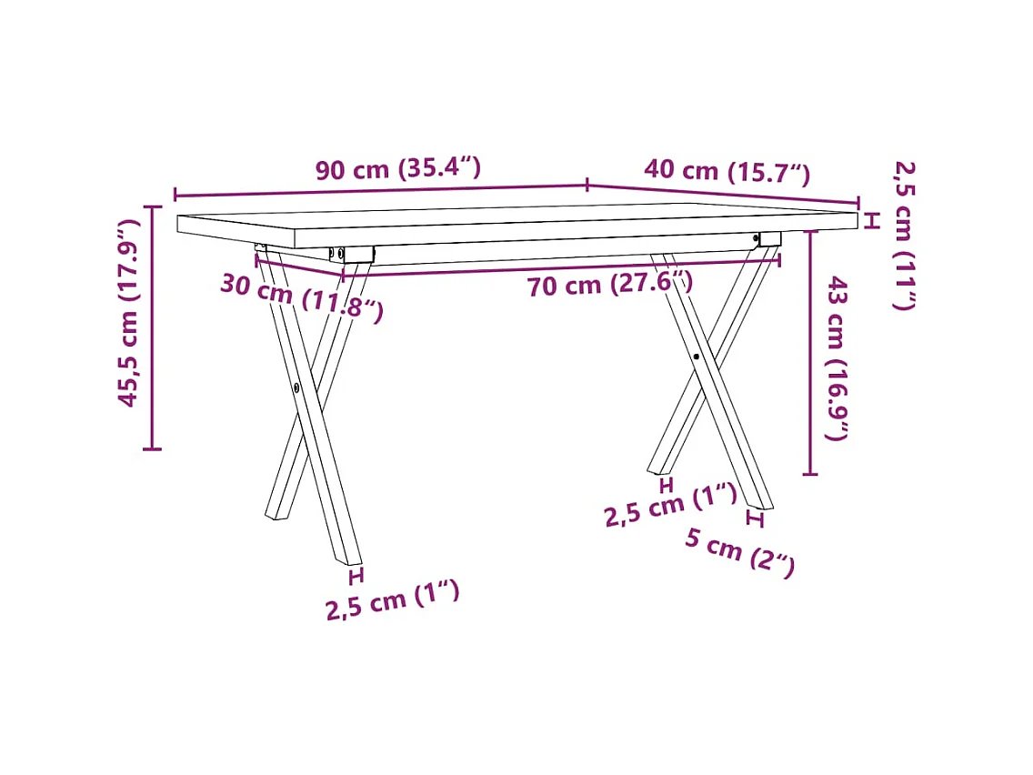 Table basse cadre en X 90x40x45,5cm bois de pin massif et acier