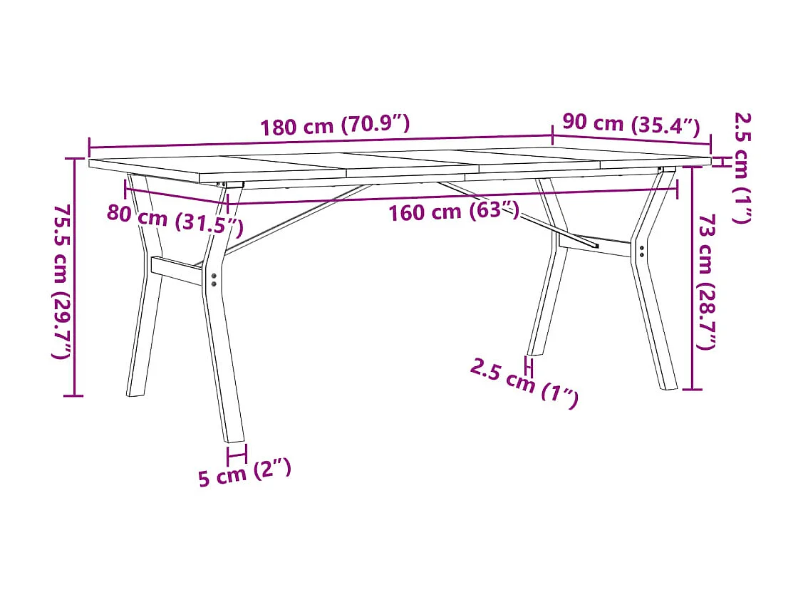 Mesa de comedor con estructura en Y 180x90x75,5 cm madera maciza de pino acero